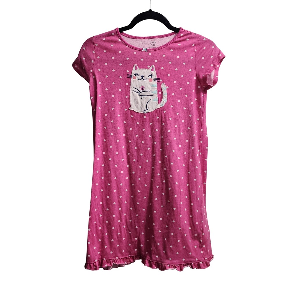 Carter's Girls Pink Polka‎ Dot Cat Pajama Nightgown Sleep Shirt Size 8-10